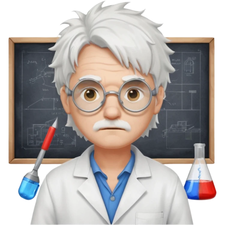 Portrait of an eccentric inventor with messy white hair, round goggles on forehead, sad face , wearing a slightly burnt lab coat, background of workshop with blueprints and tools emoji