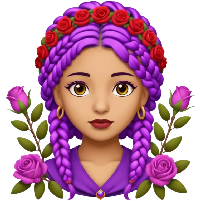 Olive skin queen with purple braids, brown eyes surrounded by roses emoji