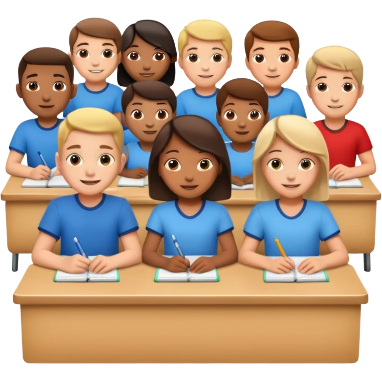 school children sitting in a row behind their school desks emoji