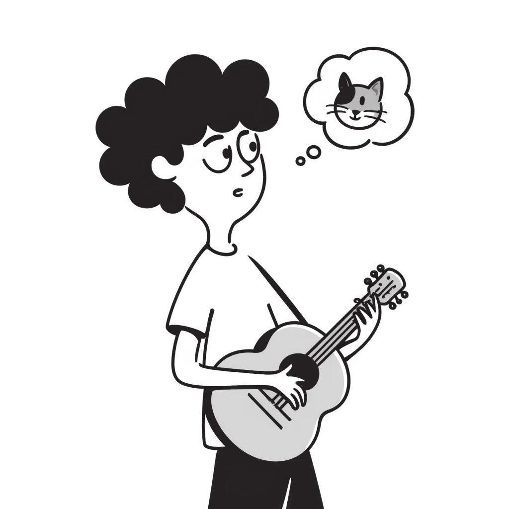 Close-up of a musician's face and torso, holding a guitar, looking up at the sky with a sad and worried expression, with a small thought cloud above showing something causing concern emoji