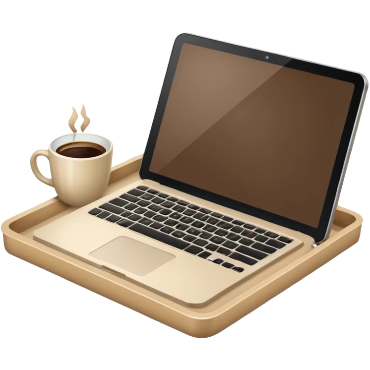 Laptop on the rectangular beige coffee tray, coffee and notebook emoji