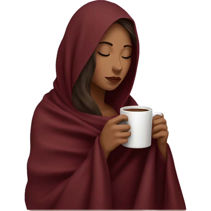 Brunette girl inside a maroon blanket sipping coffee eyes closed emoji