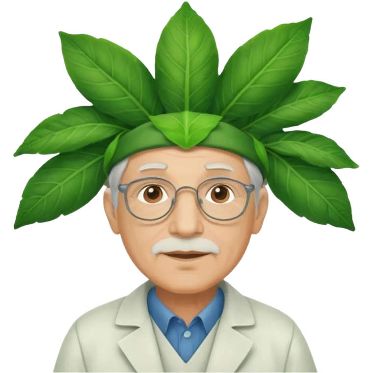 an scientist man wearing a large leaf headgear bye  emoji