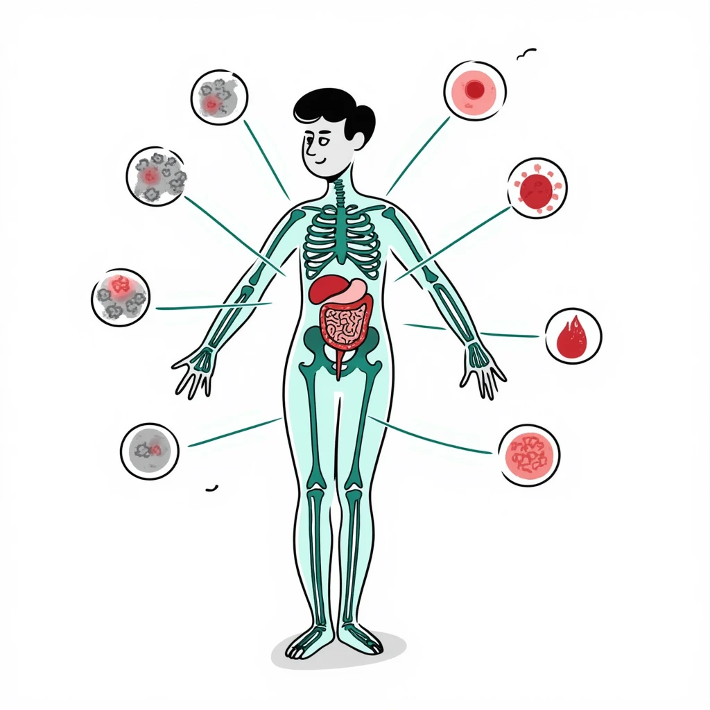 Anti-inflammatory process medical diagram: transparent human body with glowing joints and organs, blue-green healing energy waves neutralizing red inflammation spots, clinical aesthetic with soft lighting and futuristic background emoji