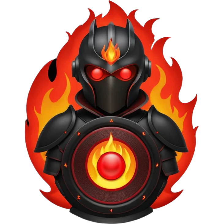 Head: A black KLIPSCH RP-8000F speaker, often represented with a red center or speaker cone.
Core: A small, bright glowing cherry-red circle representing his core.
Body & Armor: Primarily black armor plating with bright red accents or flames. emoji