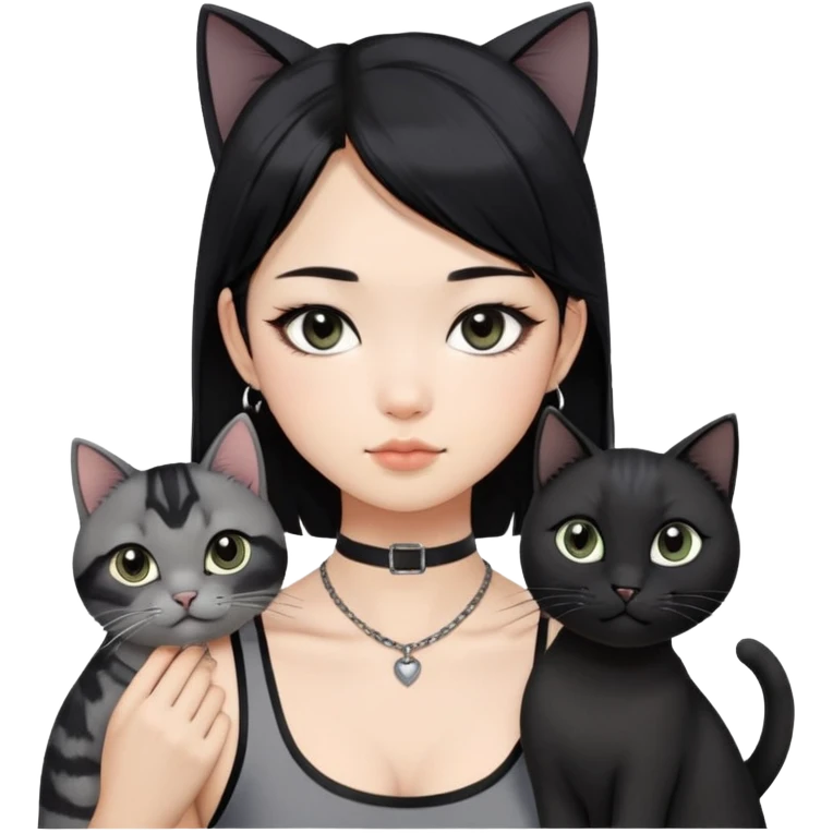 Asian girl, black hair with grey highlightsi , slightly longer than shoulder.  Holding two BLACK cats. one cat has a round fat face, the other one has a slightly slimmer face. The girl also wearing a black singlet, a black chocker, silver round hook earring, and wearing eyeliner.  emoji