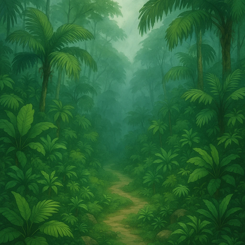 lush El Yunque rain forest with tropical plants and mist in ghibli style emoji