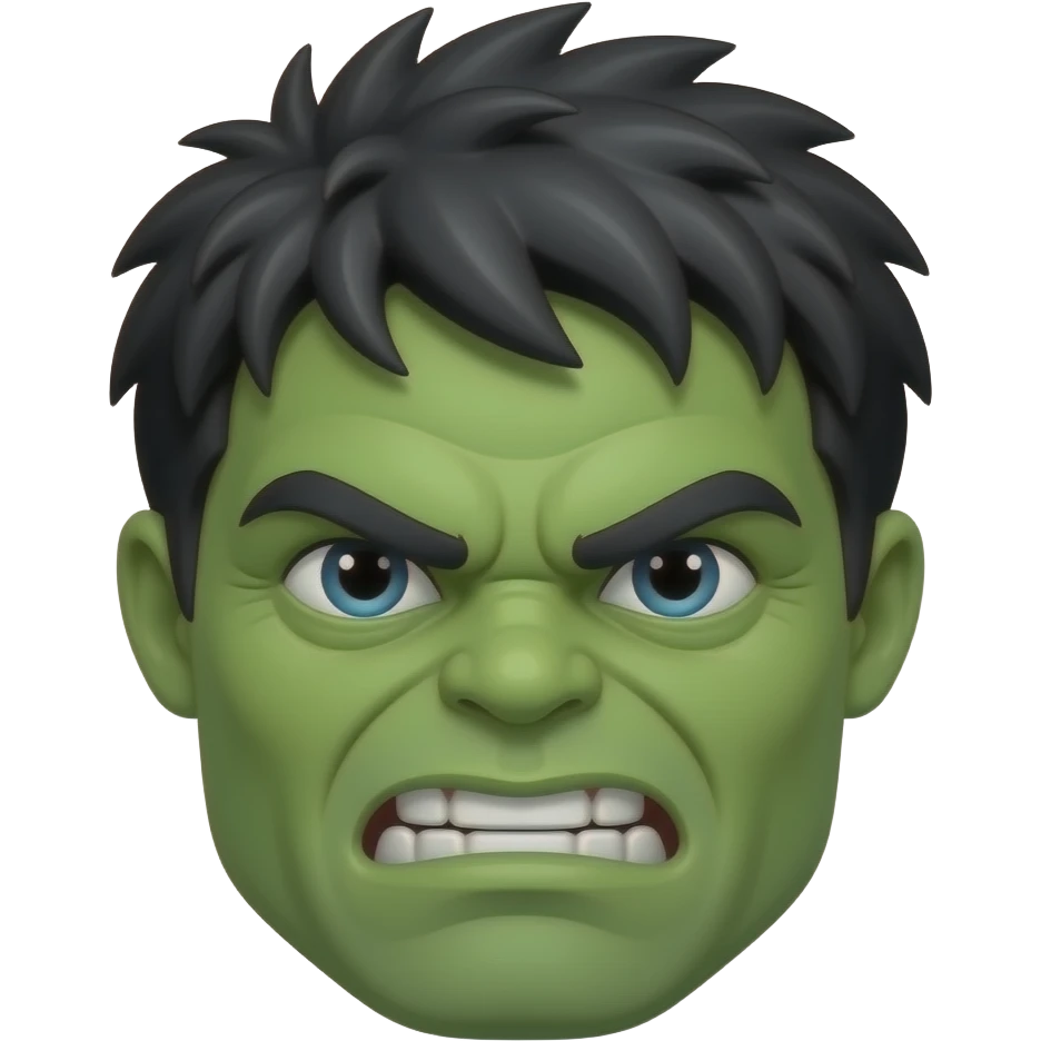Green emoji with spiky messy black hair, incredible hulk like, but still a plain Android /iOS style emoji. Like a regular emoji, not human like emoji