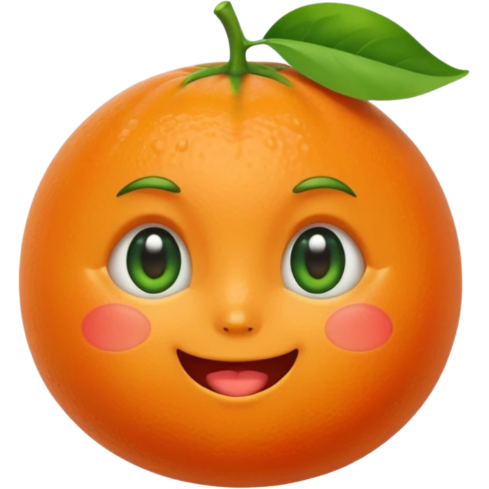 kawaii tangerine emoji with big watery eyes, small smiling mouth, blushing cheeks, green leaf on top, expressing touched feeling emoji