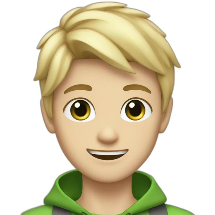 Blonde teen boy with medium short hair, green eyes, waving hi to the camera emoji