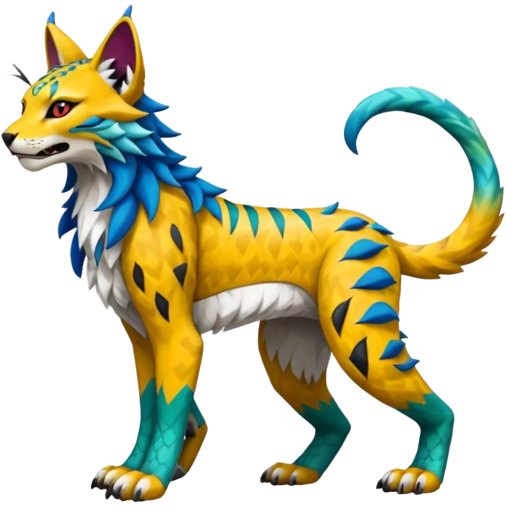 Colorful tropical edgy Lynx-Trico-Sergal-Wolf-Vernid-Fakémon-Pokémon-creature (full body) emoji