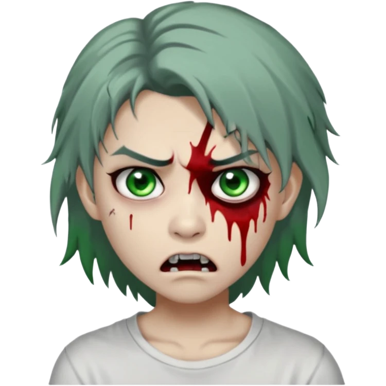 3D emoji-style avatar with grey zombie skin, dark brown hair, a young Asian face, and large green eyes with blood tears. Give it white litle bit messy middle hair style , silver hoop earrings, and a plain white T-shirt. The face expression should be slightly angry, with vampire fang emoji