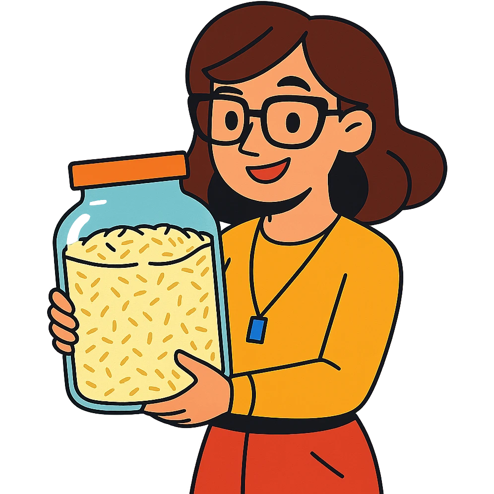 designer woman with brown hair holding a big glass jar of rice in vibrant toon style emoji