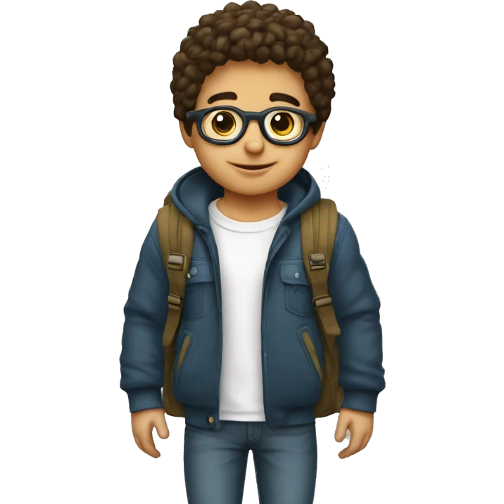 un niño blanco con pelo rulado corto y lentes con mochila emoji