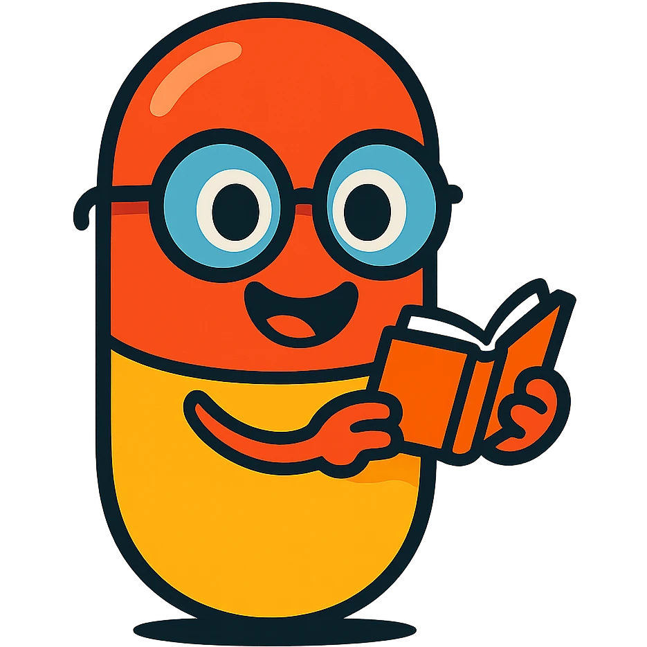 A smiling capsule pill with big round glasses, holding a tiny open book, cartoon style, vibrant colors, pill is red and yellow emoji