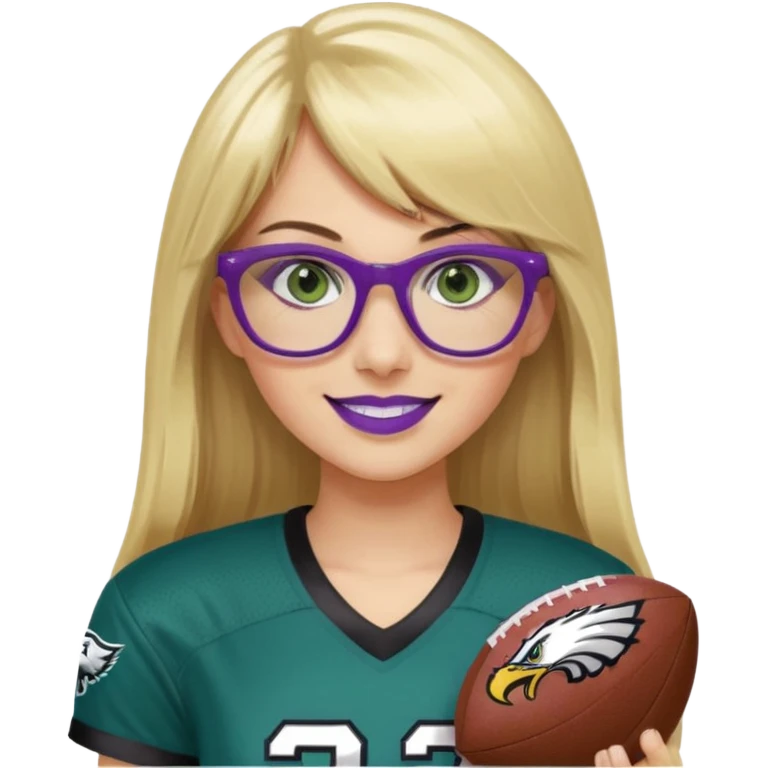 long blonde hair with straight bangs, black rectangle glasses, female, green eyes wearing eagles uniform jersey number 33 holding football smiling purple lipstick emoji