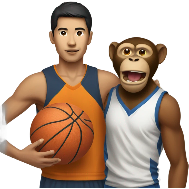 Asian guy with basketball with a monkey on his shoulder  emoji