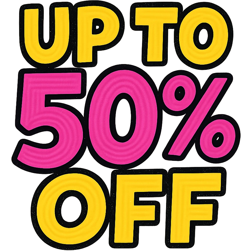 bold modern sale sticker text 'UP TO 50% OFF' in red and yellow colors, no background emoji