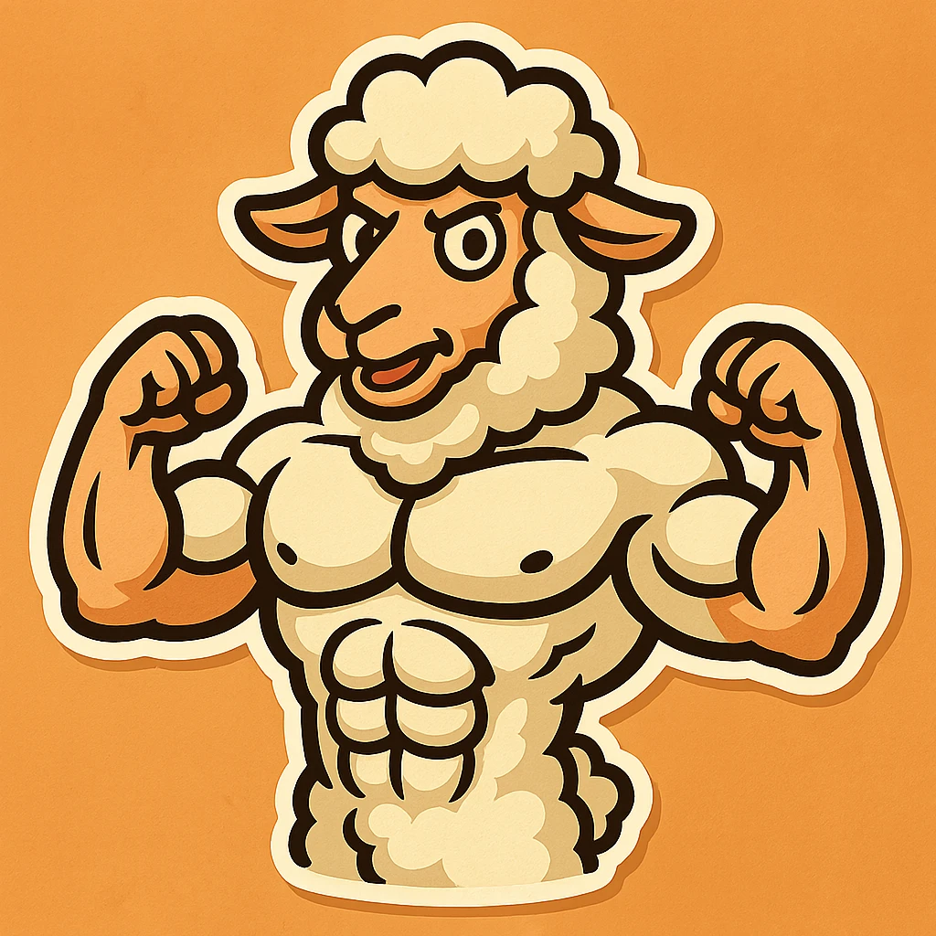 Create a buff sheep with visible 6 pack abs in a cartoonish sticker style. The style should resemble cartoonish stickers with bold outlines and vibrant colors. emoji