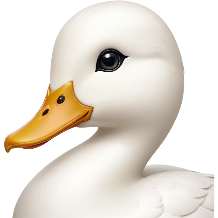 Cinematic Noble White Duck Portrait Emoji, Poised and regal, with a sleek, streamlined build and a pristine, well-groomed pure white plumage, deep-set soulful bright eyes, Simplified yet sharp and sophisticated features, highly detailed, glowing with a soft, dignified glow, high shine, intelligent and graceful, stylized with an air of aquatic elegance, focused and attentive, soft glowing outline, capturing the essence of a watchful and confident waterfowl, so majestic it feels as though it could glide out of the screen with effortless authority! emoji