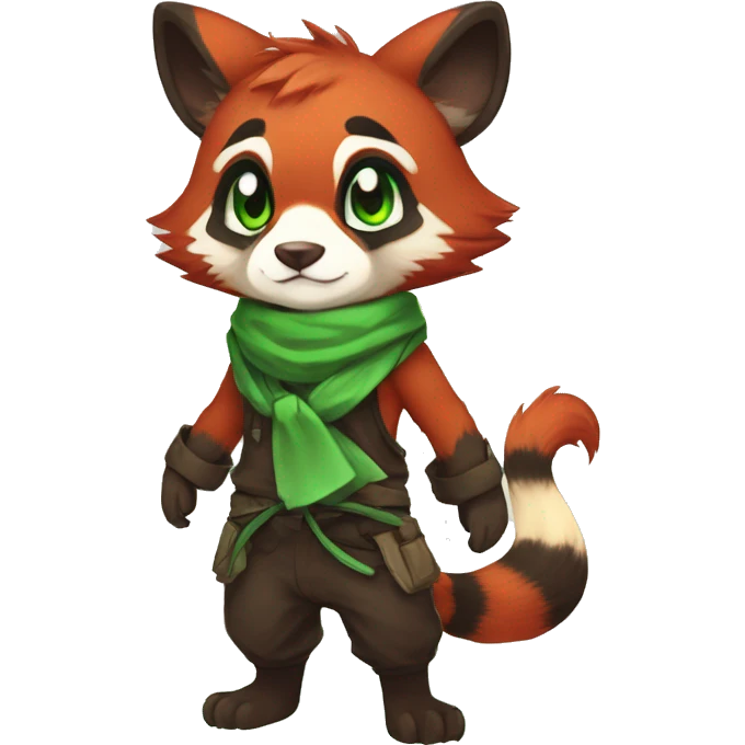 Cute, Chibi, Kemono-style, Anthro, Fur-Sona, Dark-Red, RedPanda-Mouse-hybrid-Transformice-Fakémon, with a green bandana, full body emoji