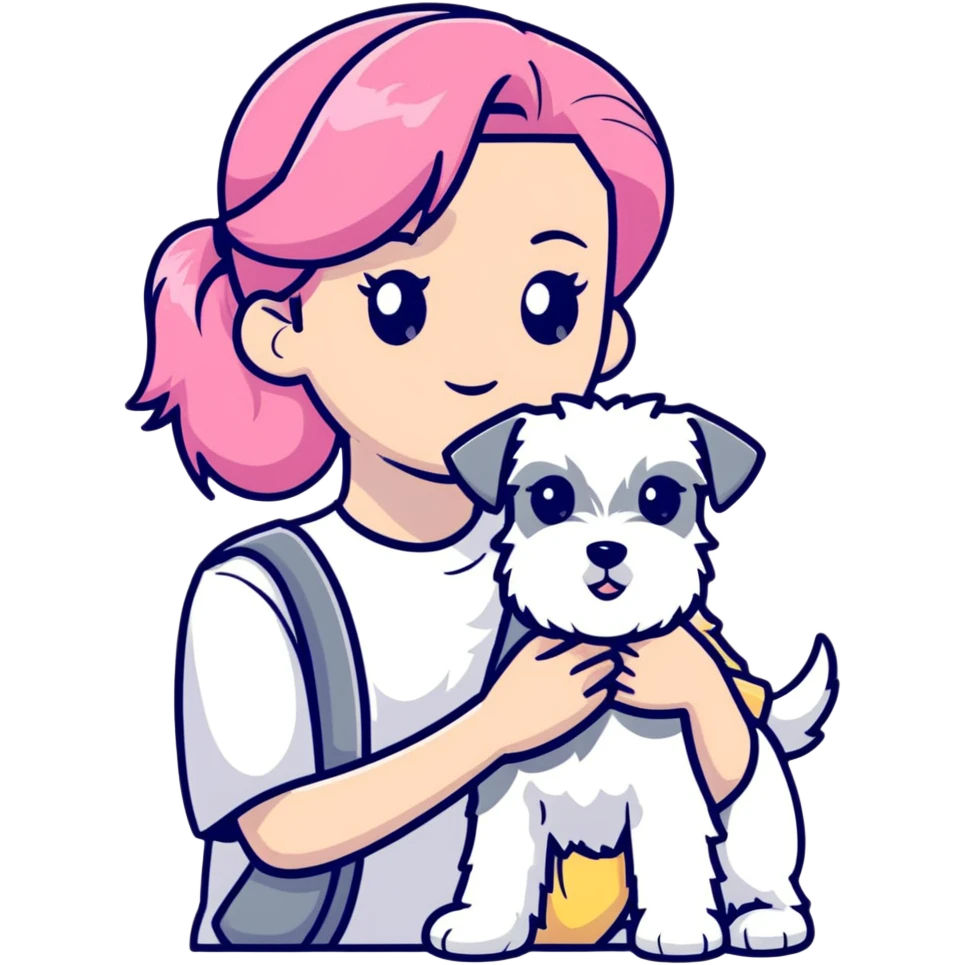 Pink-haired girl holding a white schnauzer dog emoji