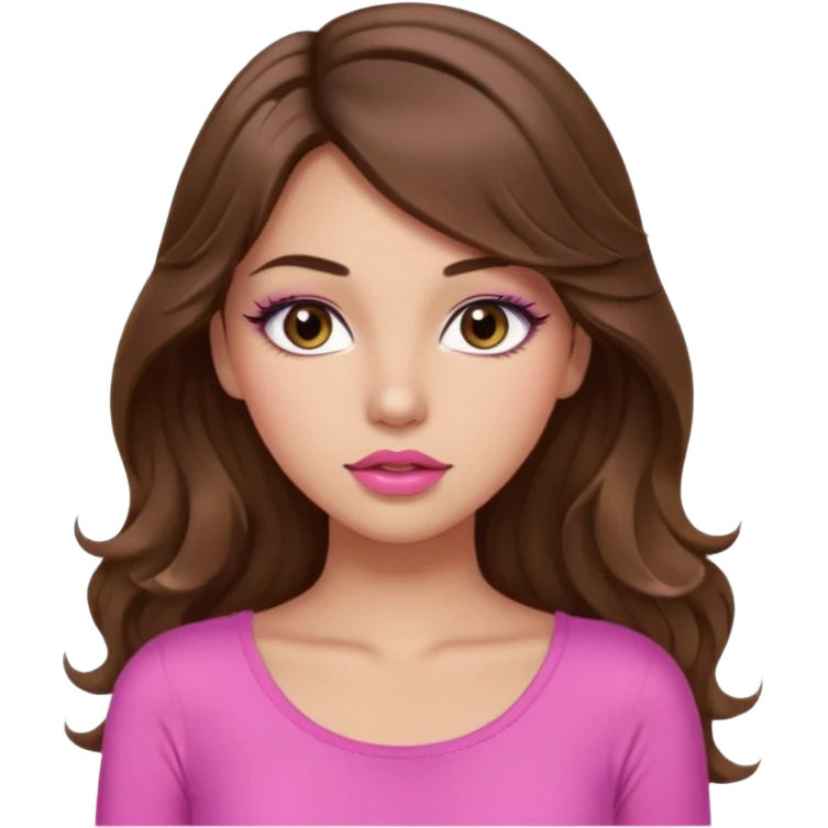 girl with long wavy brown hair, brown eyes, light to medium complexion, in a pink sexy top, pink lips, long lashes, silent motion emoji