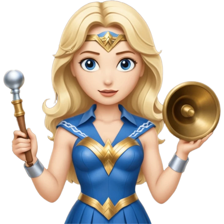 Blonde blue eyes Wonder Woman holding bell and short white orchestra conductor’s baton  emoji