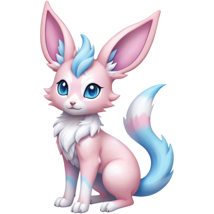 Feral Rare Fantasy cute realistic adorable pastel pink light-blue white iridescent Sylveon-Vernid-Sergal-hybrid by LiLaiRa, markings, tufted ears, full body emoji