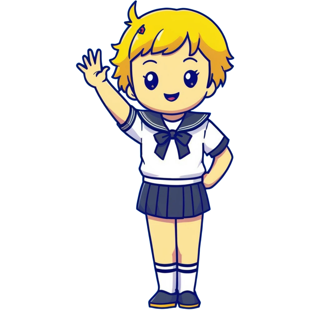 Anime girl with short bright yellow hair wearing Japanese sailor style school uniform, composed posture with hand on hip but energetically waving with other hand, excited smile and happy eyes emoji