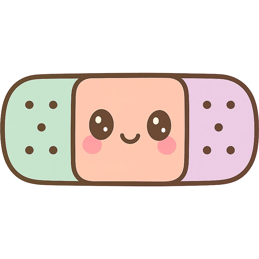 a cute adhesive bandage (band-aid) with a smiling face and pastel colors, kawaii style emoji