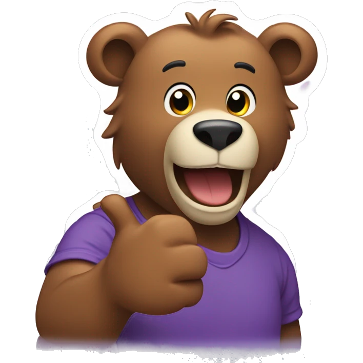 sticker, brown bear, wearing a purple T-shirt, waving his paw and smiling, white outline emoji