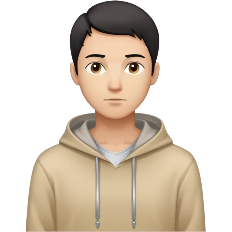 man with short black hair, slender build, light brown hoodie over white inner garment, silver necklace, calm demeanor, gentle expression, looking straight ahead emoji