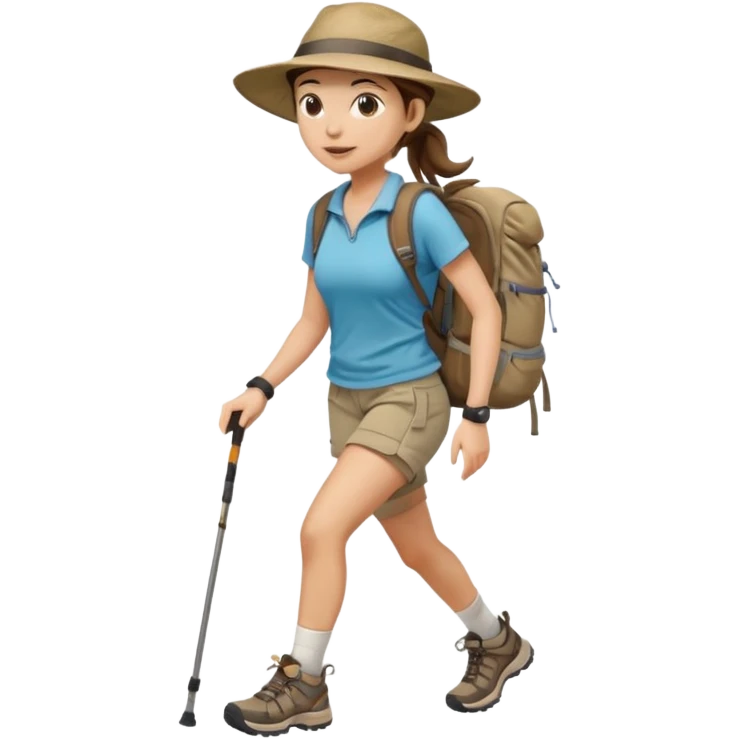Create an emoji of a woman, hiking in shorts, trekking sneakers with a backpack and a wide broom hat and a brown ponytail emoji