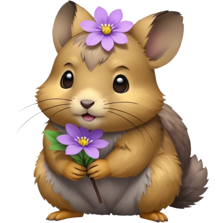 small round pika on all fours, turned at an angle, with a small light purple flower in its mouth emoji