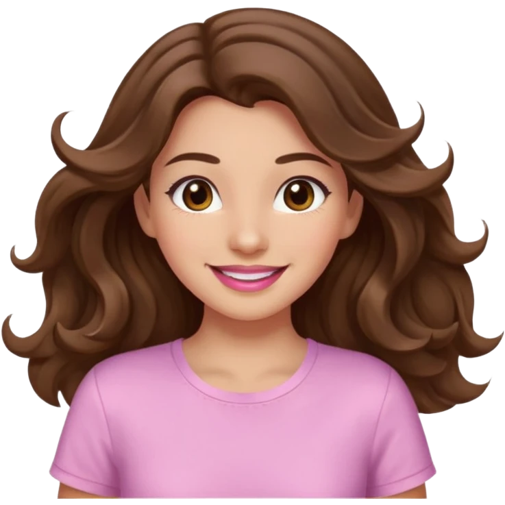 girl with wavy long brown hair, brown eyes, light to medium complexion, long lashes, light pink lipstick, smiling, wearing light pink shirt, dancing emoji