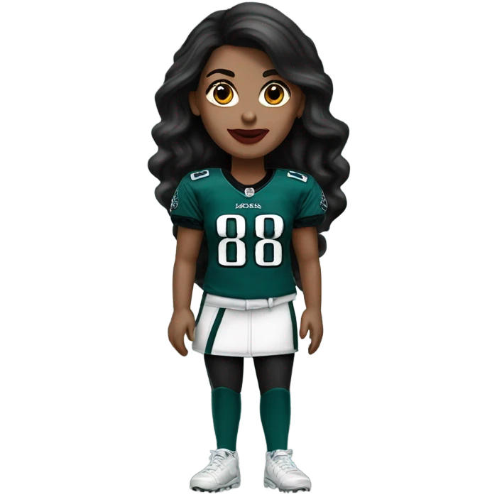White female long dark hair red lips wearing Philadelphia Eagles jersey emoji