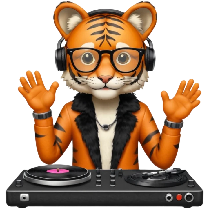 hipster tiger djing on two vinyl turntables emoji