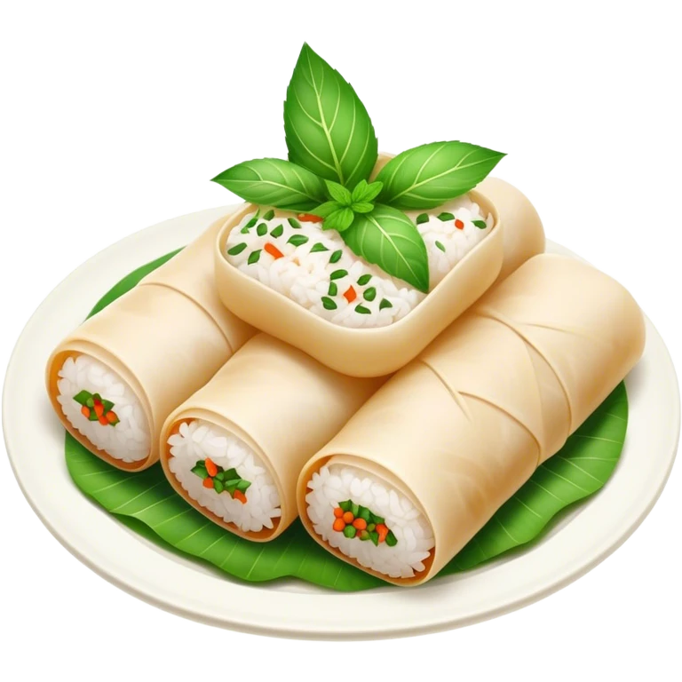 Bánh Cuốn Cinematic Realistic Bánh Cuốn Dish Emoji, depicted as delicate steamed rice rolls garnished with chopped mint on top, rendered with lifelike textures and fresh, vibrant lighting. emoji
