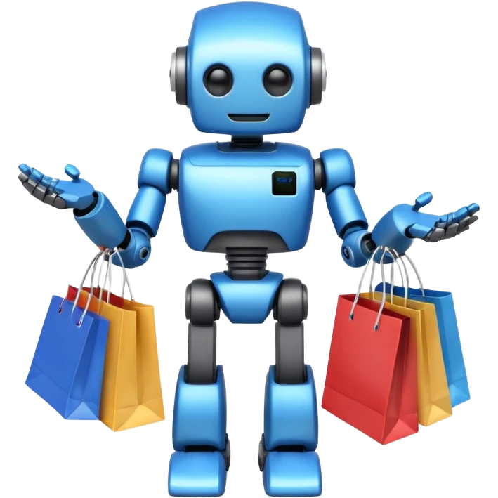 black friday robot with blue and metalic colours with bags in his hands  emoji
