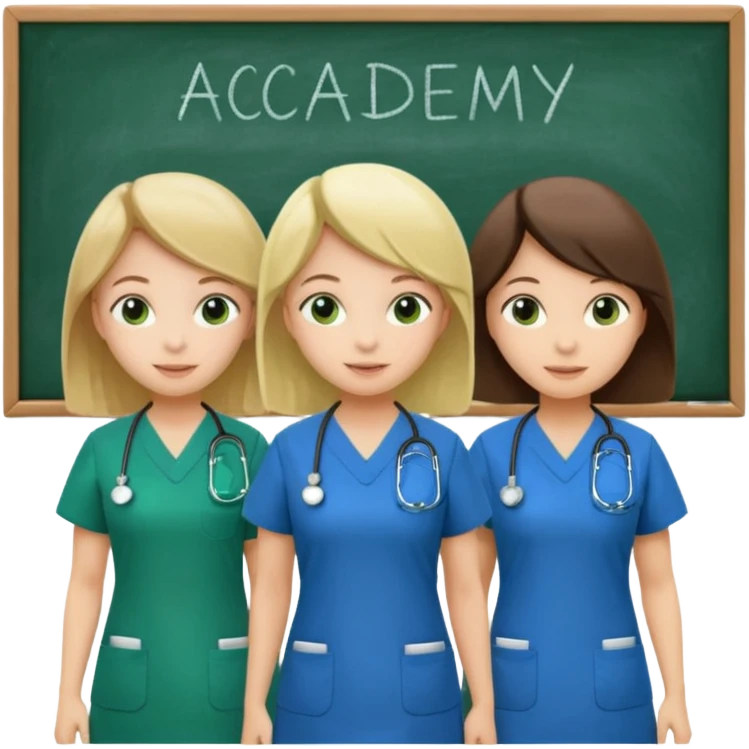 3 different nurses, wearing green and blue work clothes, in a classroom, "Academy" written in white on board emoji