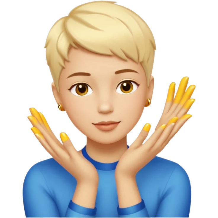 gender-neutral person with short hair gently kissing their glowing golden hands, showing pride and warmth, radiant hands, playful proud face, bold colors, smooth shading, minimal details, emoji style, white or transparent background emoji