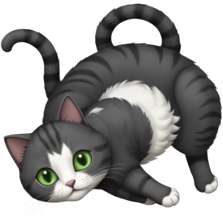 solid dark grey cat with green eyes, white toes/paws and white patch on her chest playfully rolling upside down emoji