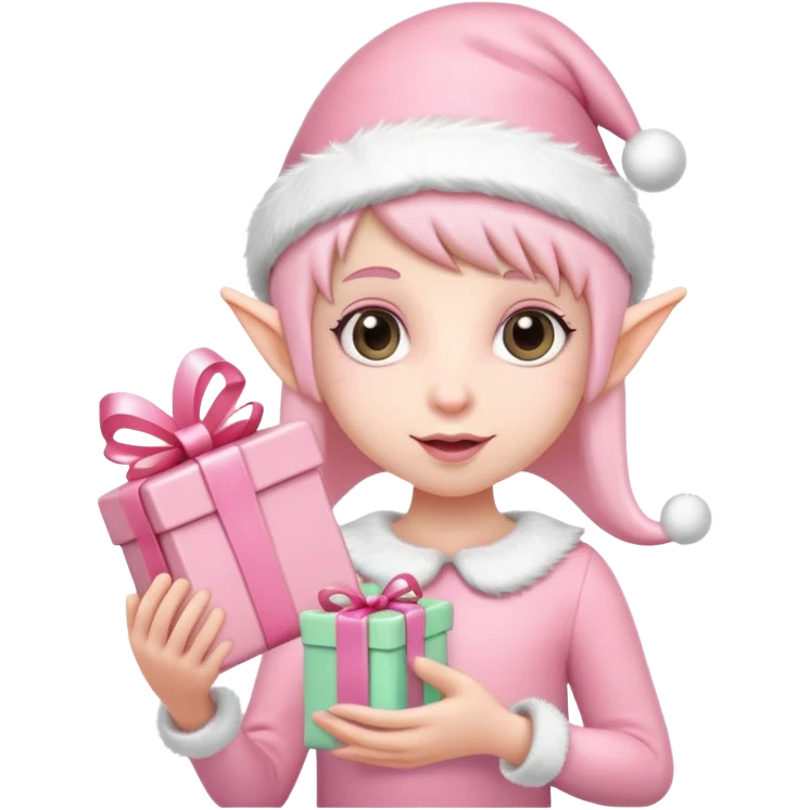 Pastel pink Christmas elf holding pastel pink gift emoji