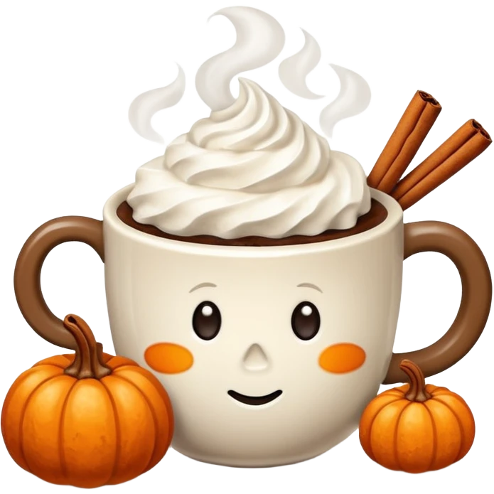Steaming coffee Mug with whipped Cream and cinnamon Dust on Cream.  Small Punkin and 3 sticks of cinnamon next to mug emoji