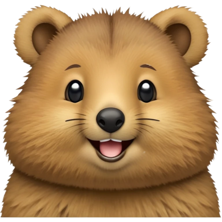 cinematic-realistic quokka-emoji,-small-round-frame-balanced-on-tiny-strong-hind-legs, head tilted in an endearing manner, comical smil, giant-fluffy-cheeks-large-smile-fluffy-brown-fur-radiating-a-warm-softness,-big-round-eyes-filled-with-joy, realisticround  fluffy zoomed in, large black eyes emoji