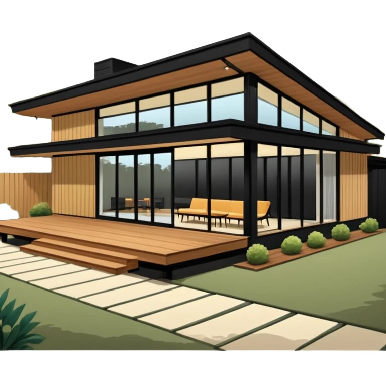 midcentury modern house with 1000 sqft and all windows and a sliding windows on corner. Single story. High ceilings, black and vertical wood slats for outside walls of home. Wood deck with complementary but different wood and shade from larger wood slats. With overhanging shade and slats. emoji