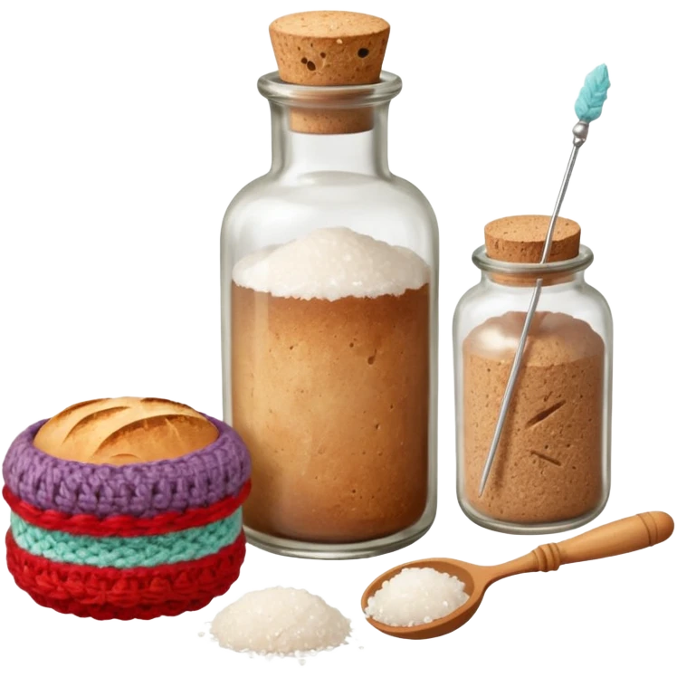  a one victorian bottle of salt and a loaf of bread - crochet needles and a ball of wool emoji