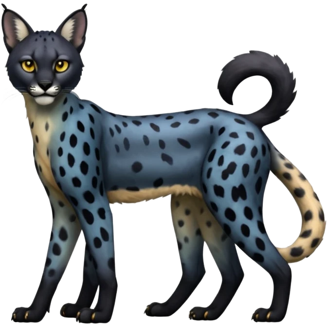 Colorful shiny black gloomy dark dull melanistic Caracal-Cheetah-Serval-Snow-Leopard-Trico-Sergal-Vernid-fusion-hybrid-animal-creature, full body emoji