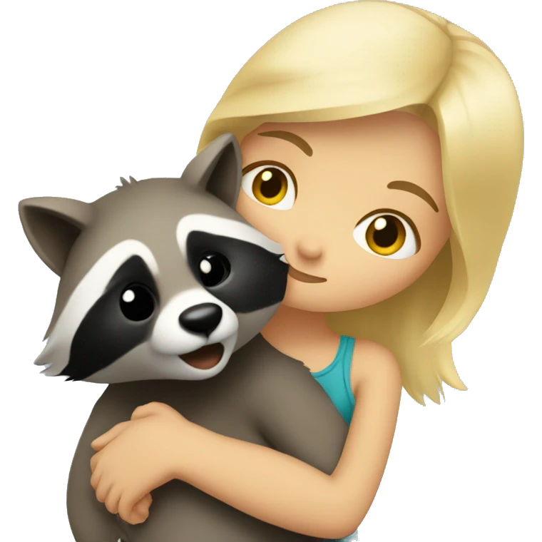 A blonde girl is hugging and kissing a raccoon. emoji